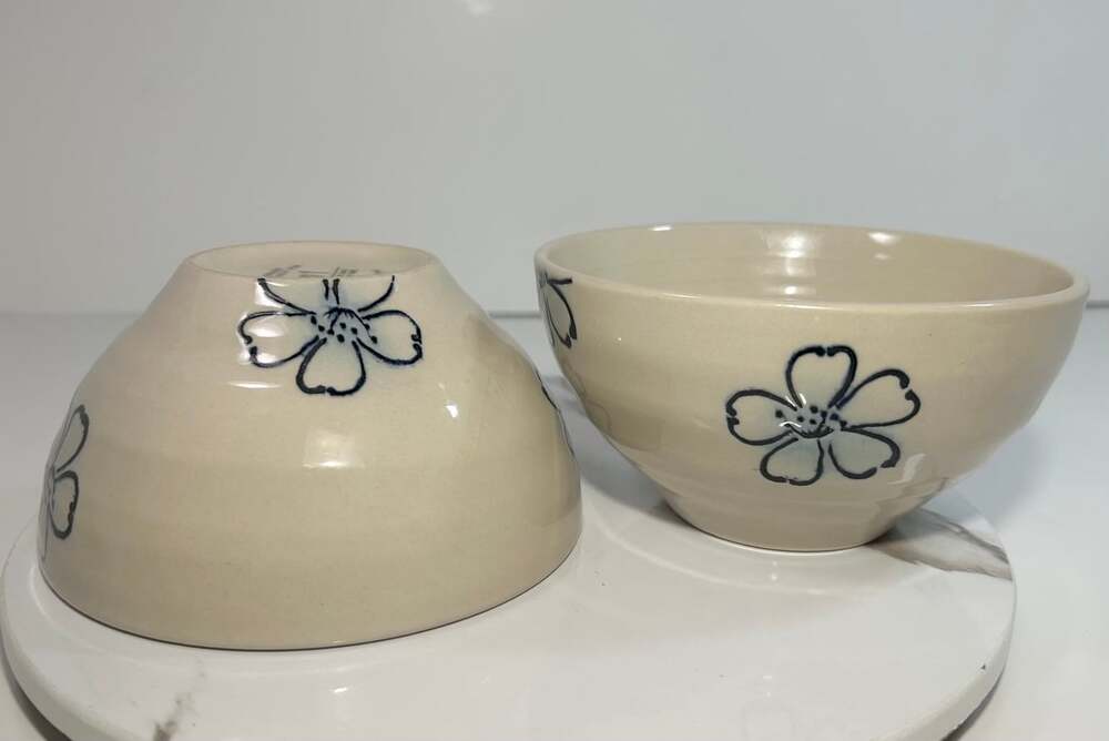 Pier One Imports Blue Hibiscus Flower Stoneware Bowls Set of Two